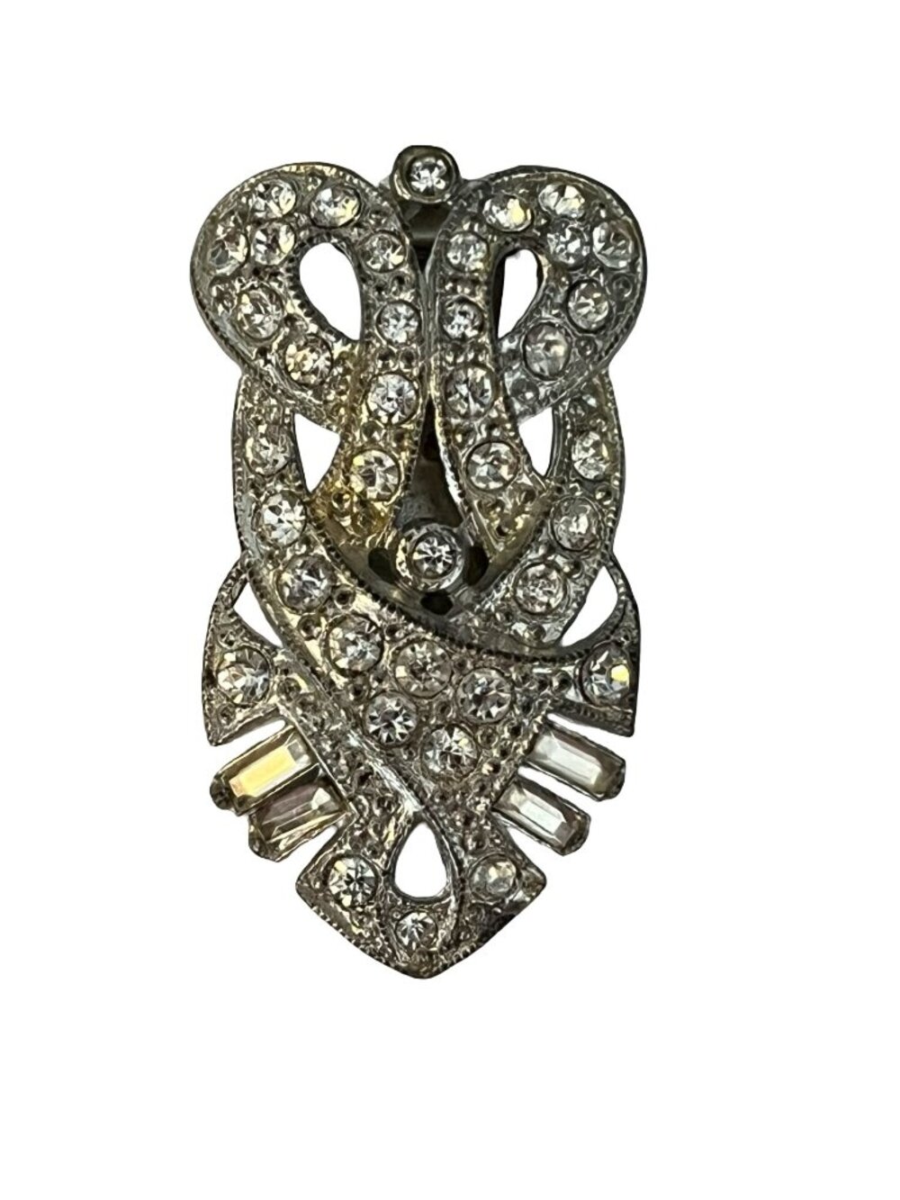Vintage Art Deco Style Rhinestone Dress Clip Fur Clip Silver Tone 1.75"